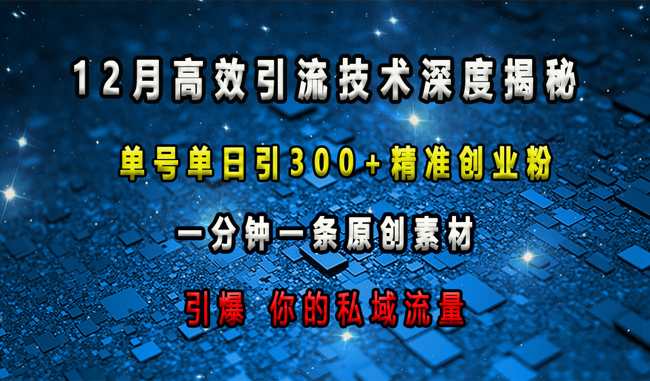 12月高效引流技术深度揭秘 ，单号单日引300+精准创业粉，一分钟一条原创素材，引爆你的私域流量吉晟搞钱-网创项目资源站-副业项目-创业项目-搞钱项目吉晟搞钱