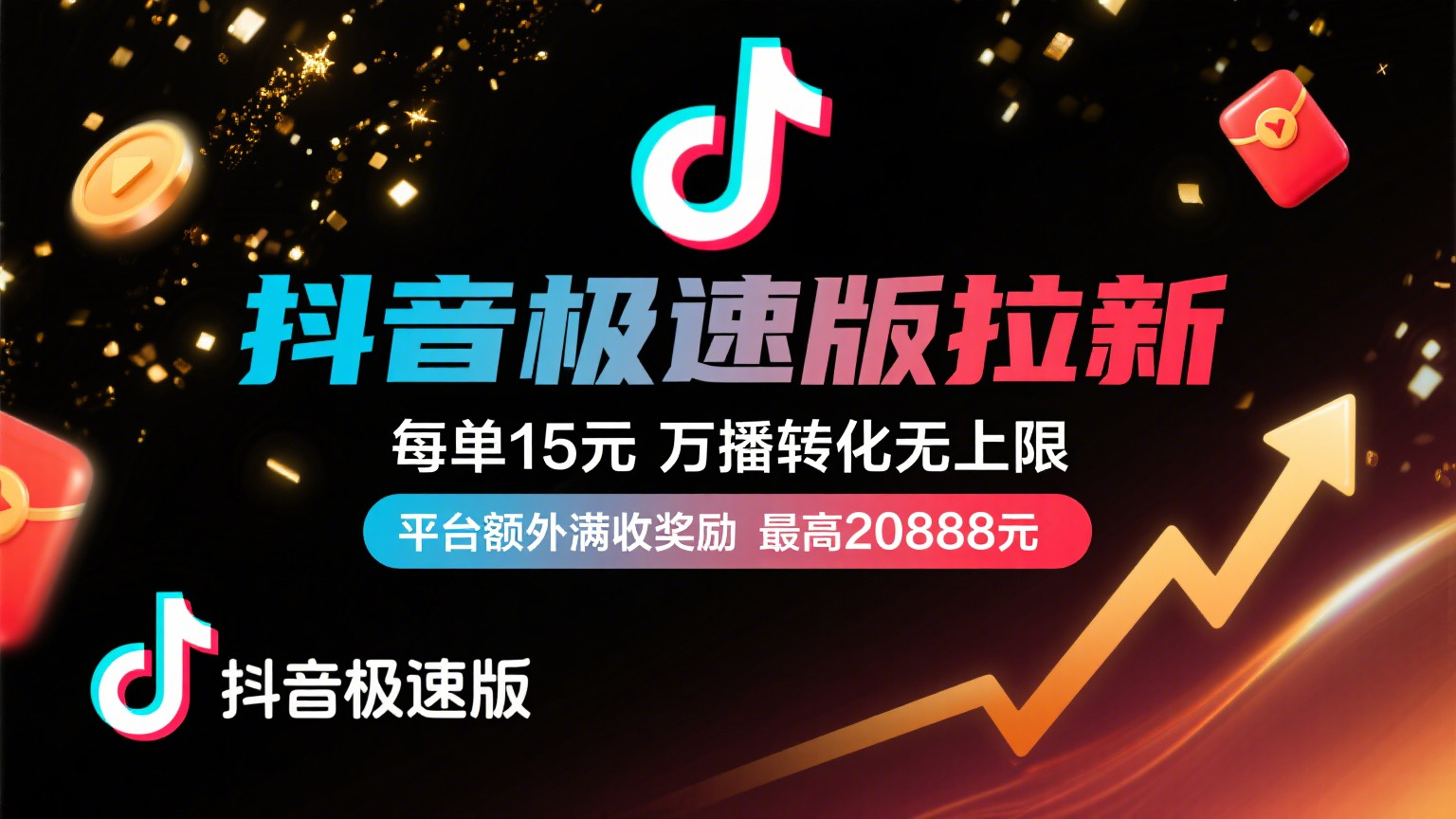 抖音极速版放福利，每单15元，万播转化无上限，平台额外满收奖励，最高可领20888元吉晟搞钱-网创项目资源站-副业项目-创业项目-搞钱项目吉晟搞钱